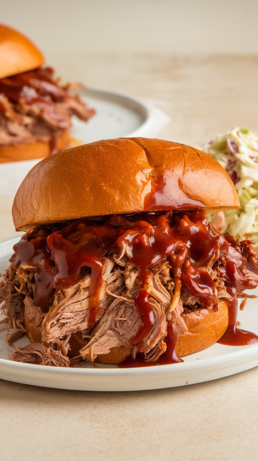 A delicious Tangy BBQ Pulled Pot Roast sandwich with shredded beef and barbecue sauce on a bun.