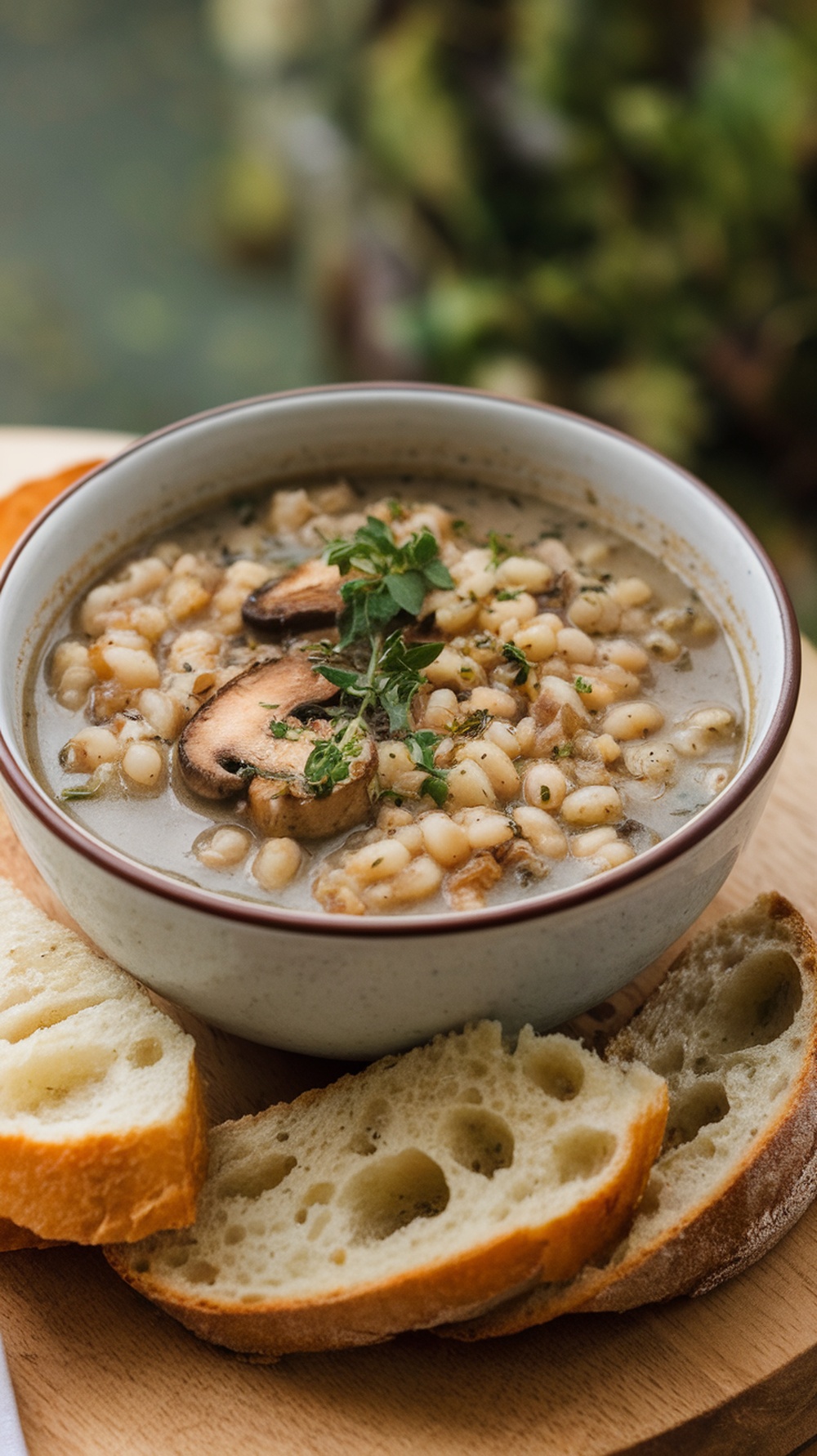 A bowl of mushroom and barley soup with slices of bread on the side.