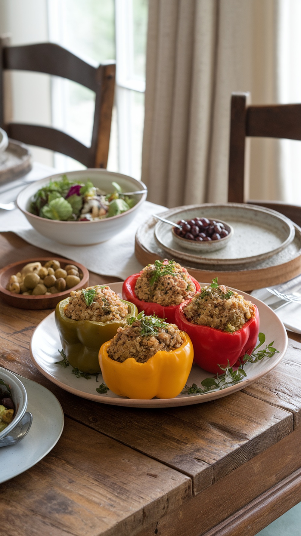 A plate of colorful stuffed peppers filled with turkey and quinoa on a wooden table.