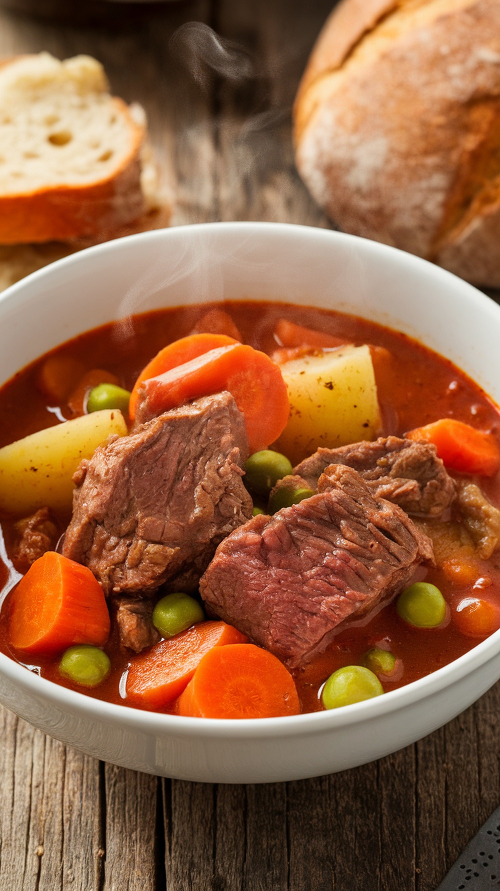 A bowl of classic beef stew with vegetables, including carrots, potatoes, and peas, served with bread.