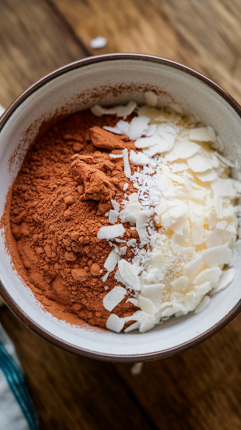 A bowl of cocoa powder, shredded coconut, and protein powder ready to be mixed into overnight oats.