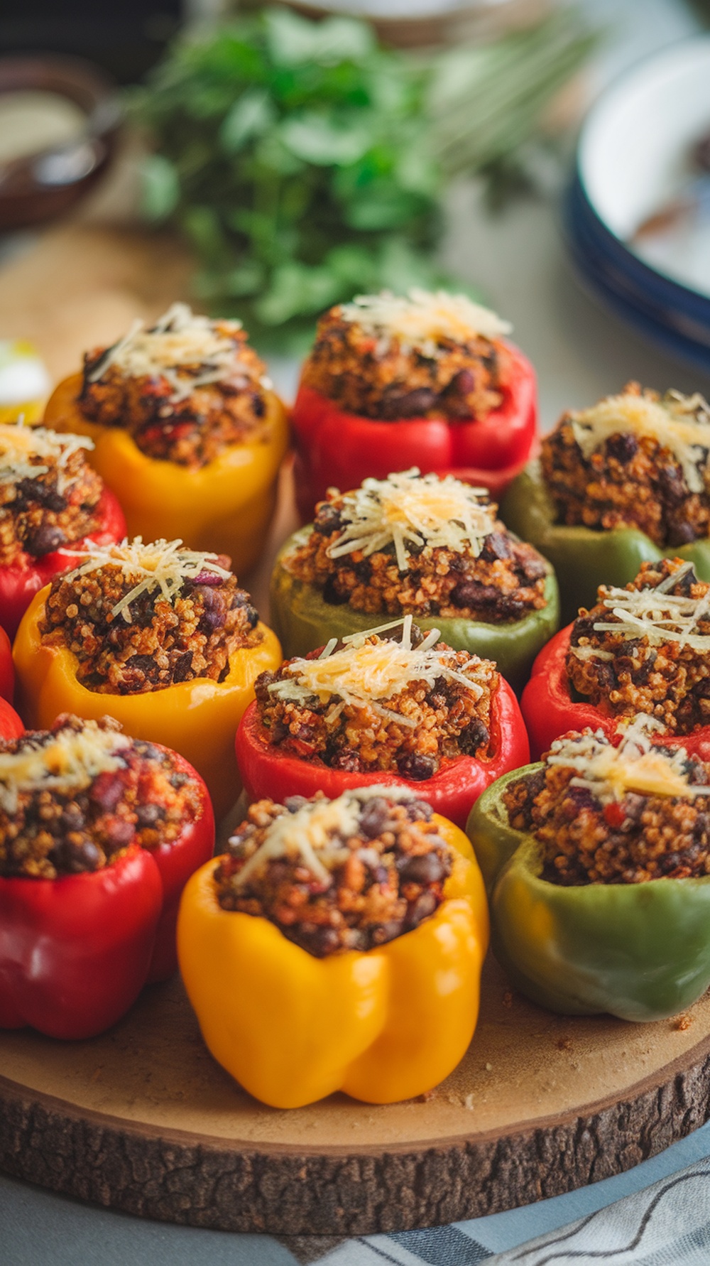 Stuffed bell peppers filled with quinoa and black beans, topped with cheese.