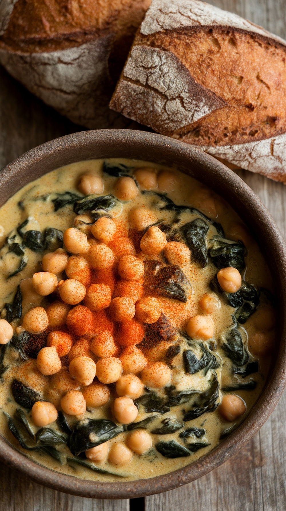A bowl of chickpea and spinach stew topped with spices, alongside slices of crusty bread.