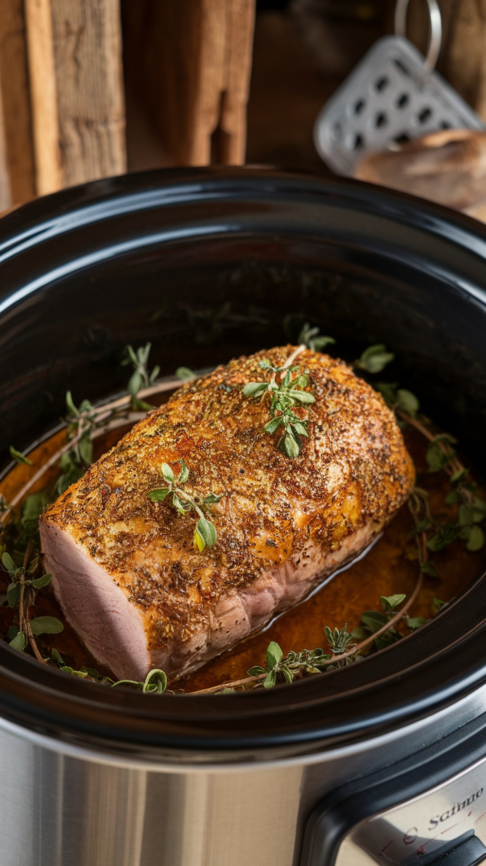 A slow cooker with a herb-crusted pork loin surrounded by fresh herbs.