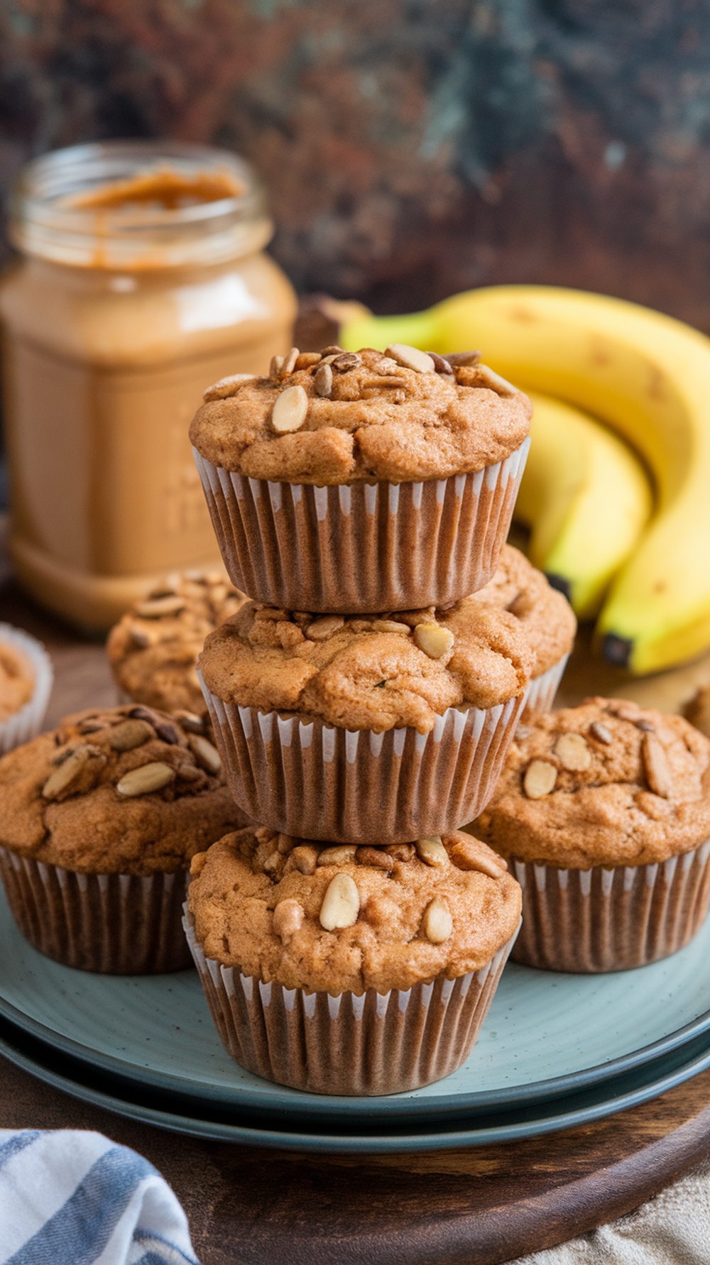 A stack of peanut butter banana muffins topped with nuts, with bananas and a jar of peanut butter in the background.