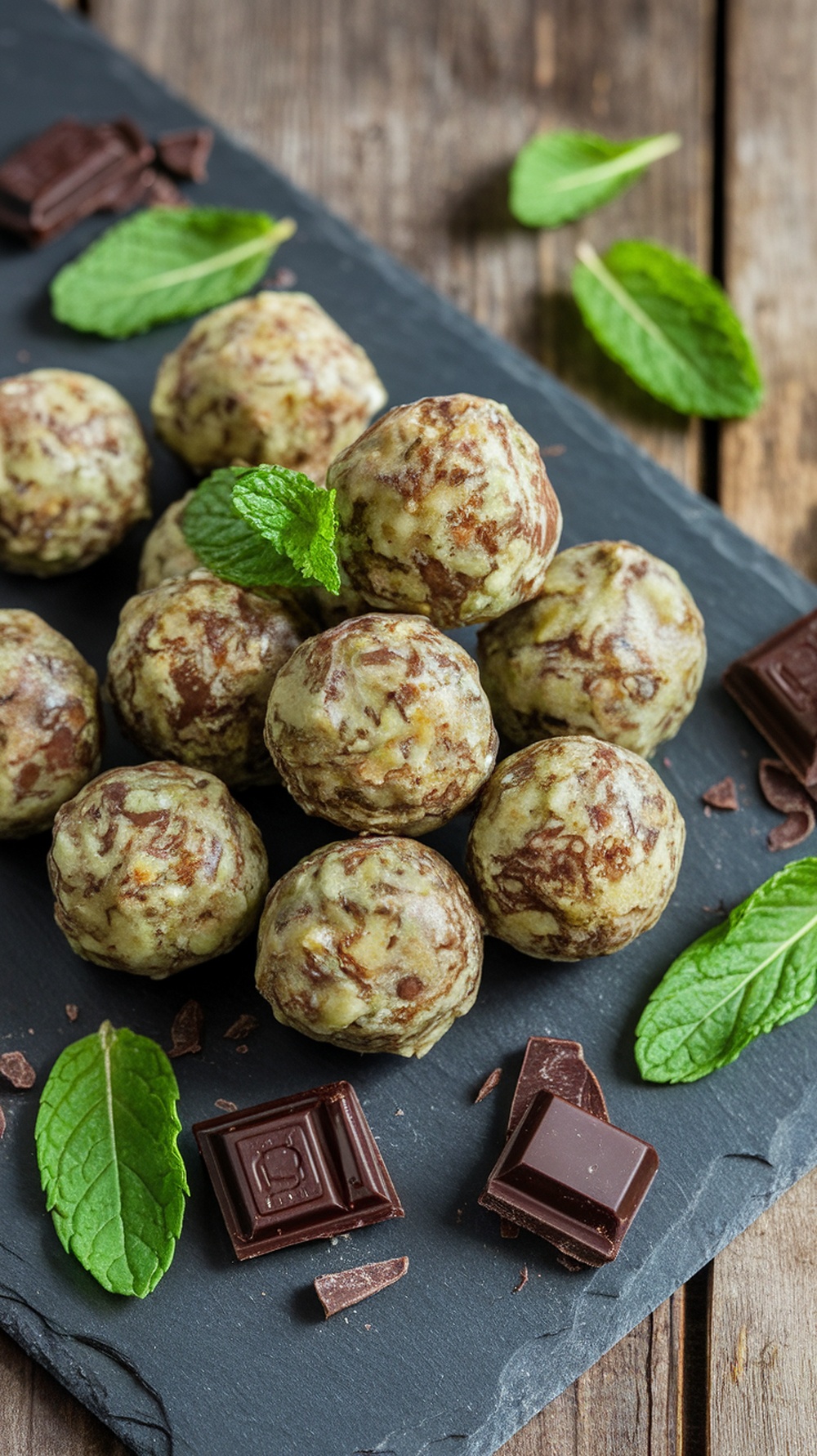 A plate of chocolate mint protein energy balls with mint leaves and chocolate pieces