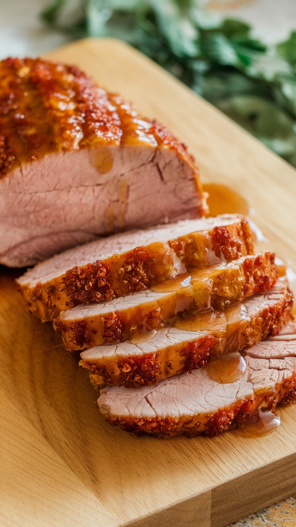 Sliced pork tenderloin with apple cider glaze on a wooden cutting board.