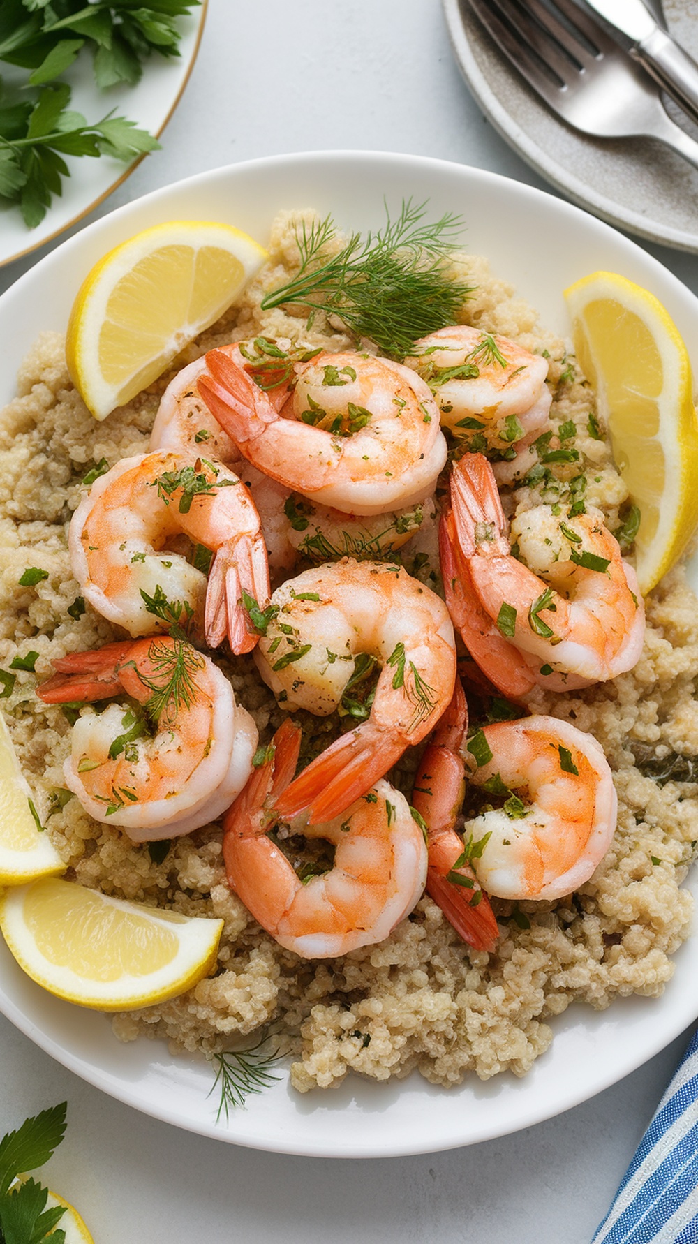 A plate of Lemon Garlic Shrimp served on quinoa, garnished with lemon slices and fresh herbs.
