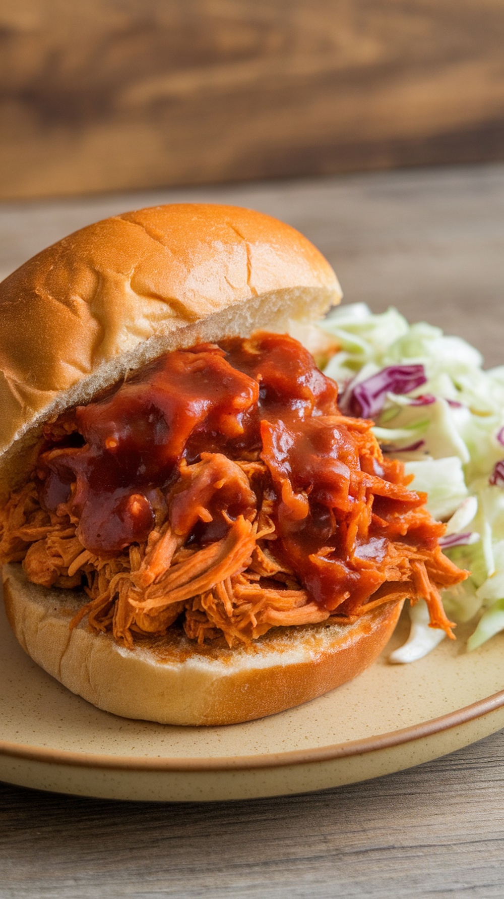A smoky BBQ jackfruit sandwich on a plate with coleslaw on the side.
