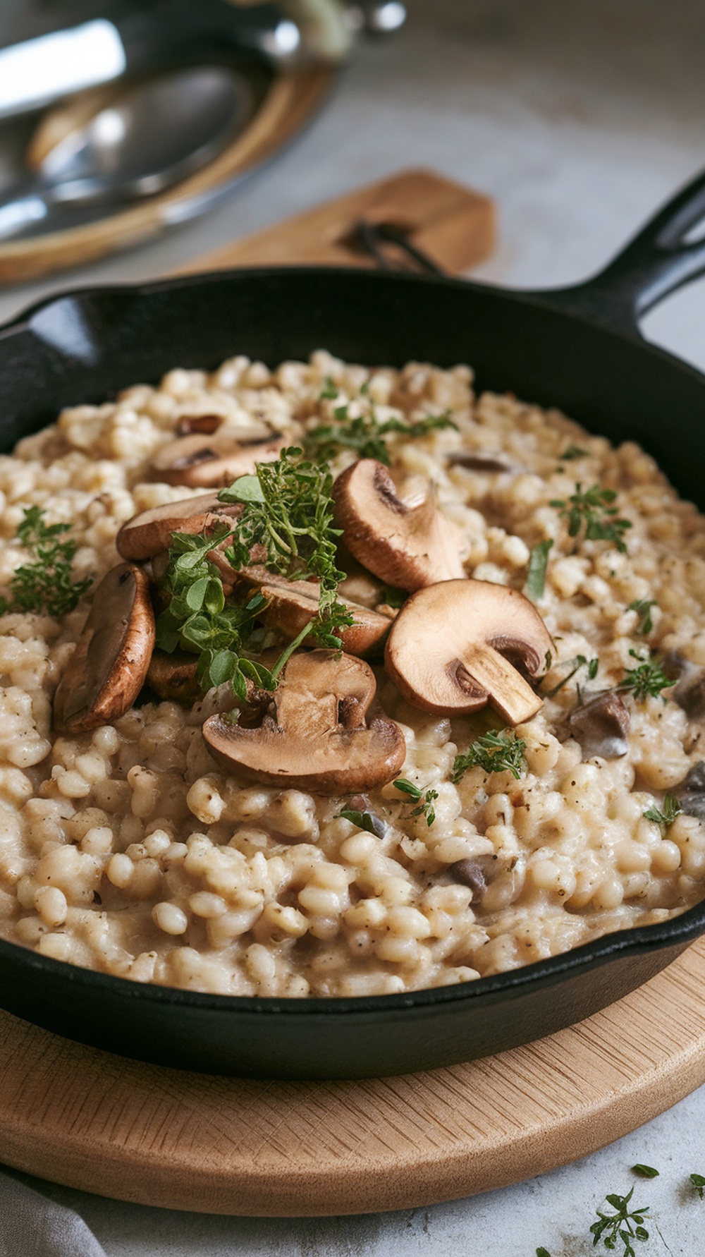 A creamy mushroom and barley risotto topped with fresh herbs in a cast iron skillet.