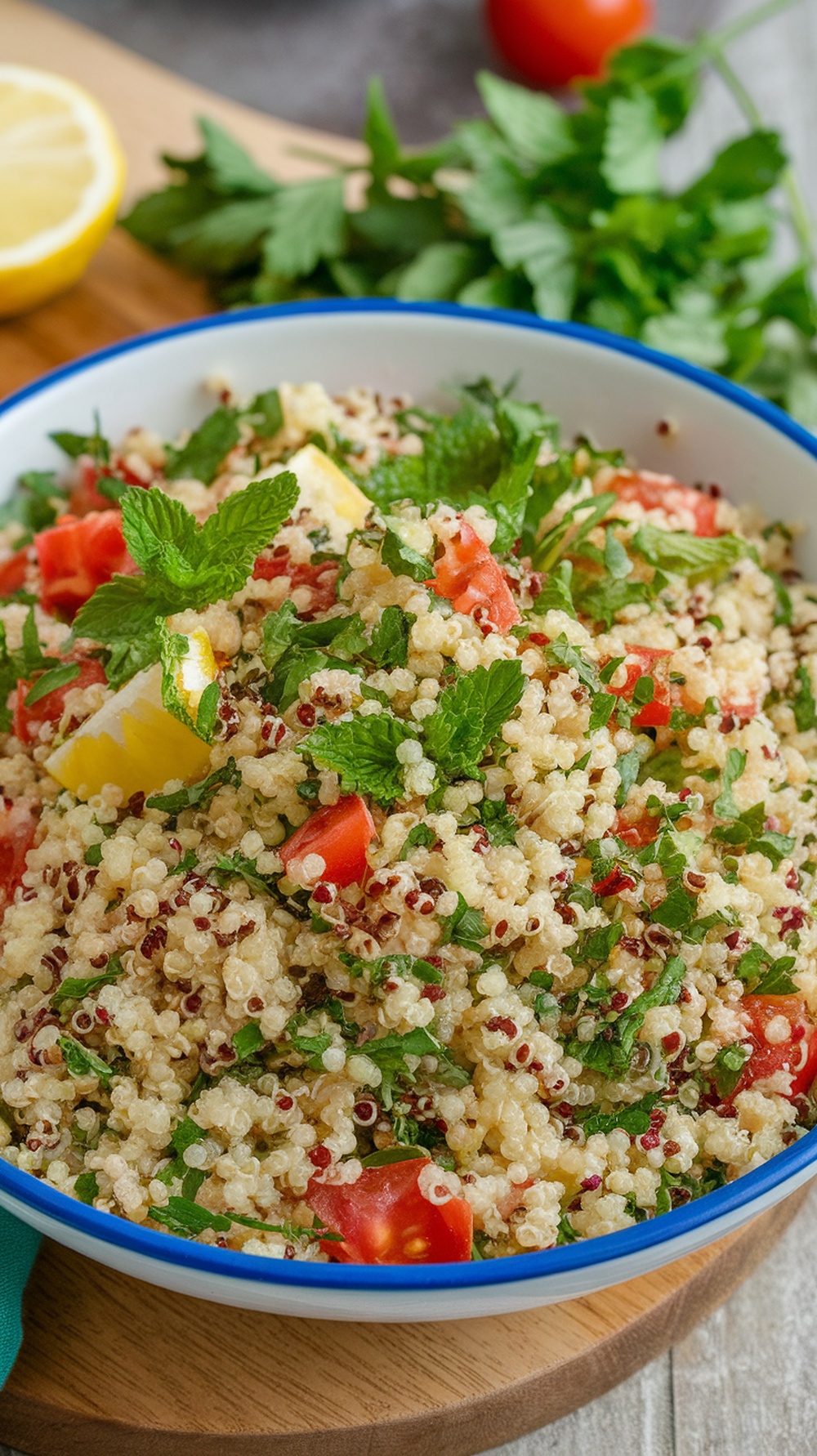A bowl of quinoa tabbouleh salad with fresh herbs and tomatoes