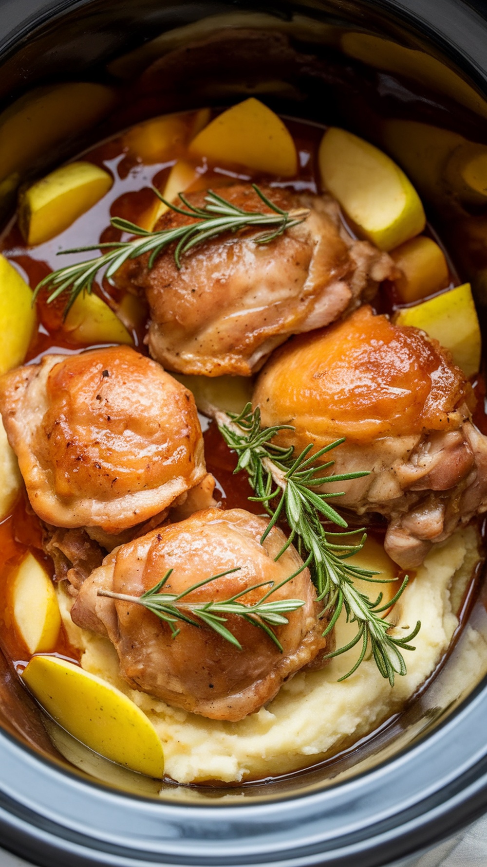 A slow cooker filled with apple cider braised chicken, apples, and rosemary.