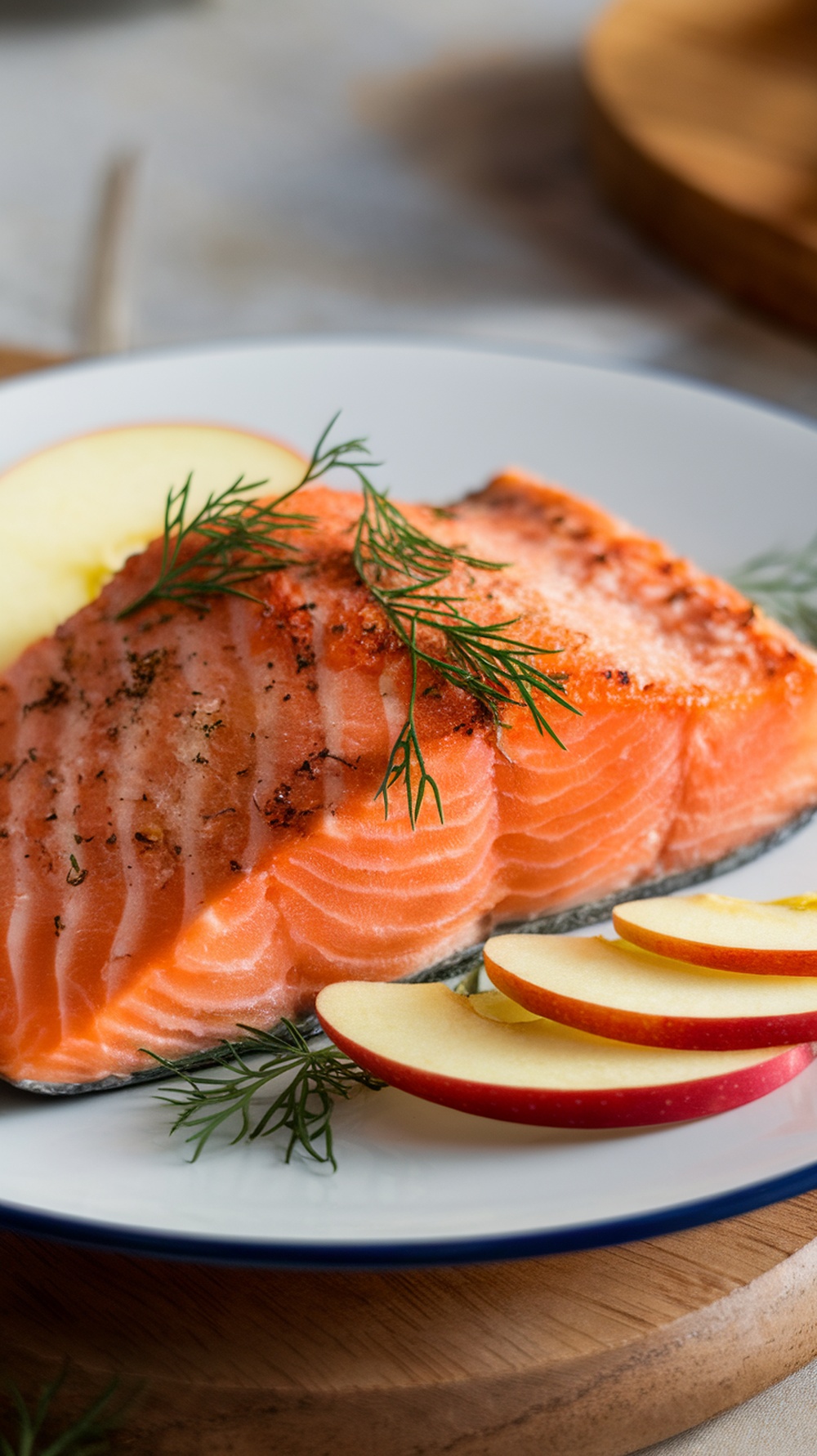 Baked salmon fillet with apple slices and dill on a plate