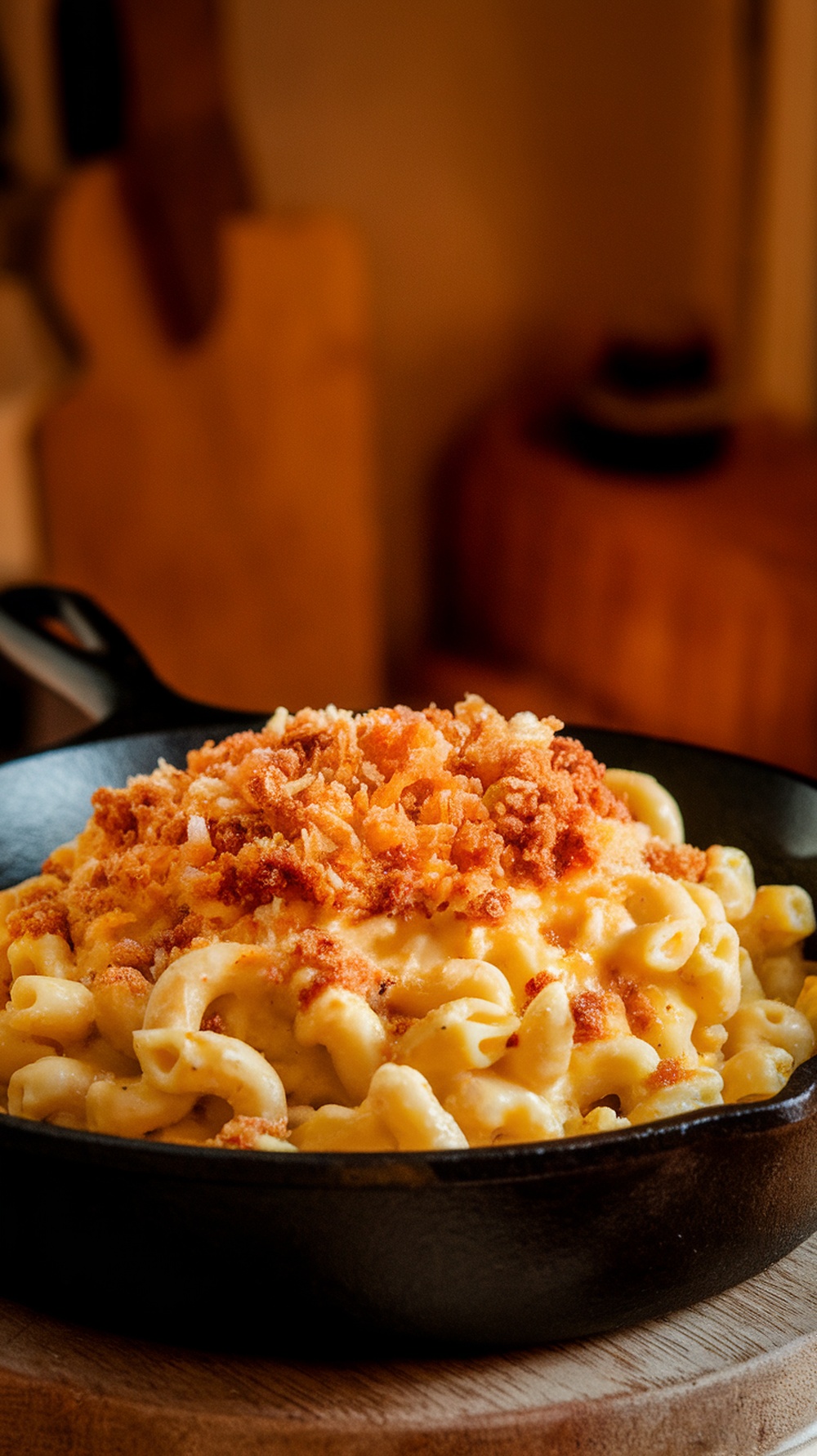 A delicious serving of cauliflower mac and cheese topped with crispy breadcrumbs in a cast iron skillet.