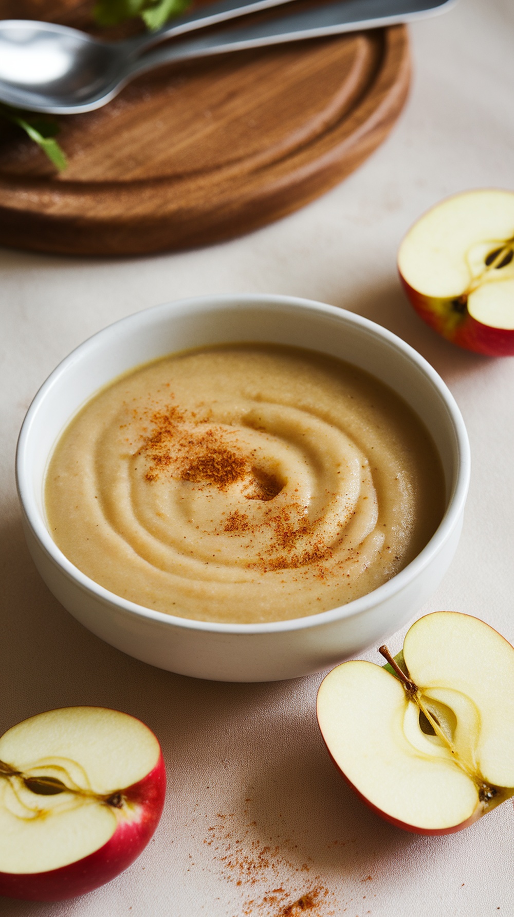 A bowl of creamy apple and celery root soup garnished with paprika, surrounded by sliced apples.
