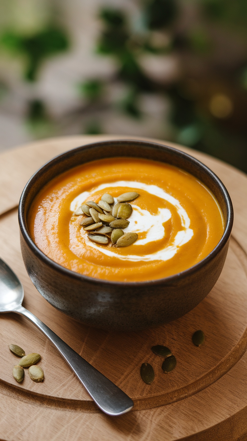 A bowl of creamy pumpkin soup topped with pumpkin seeds and a swirl of coconut milk.
