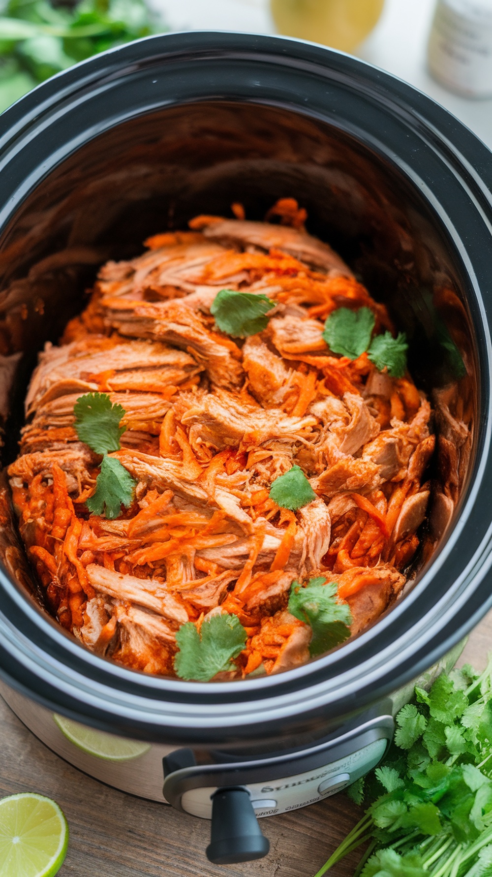 A slow cooker filled with shredded spicy chicken, garnished with cilantro, ready for tacos.