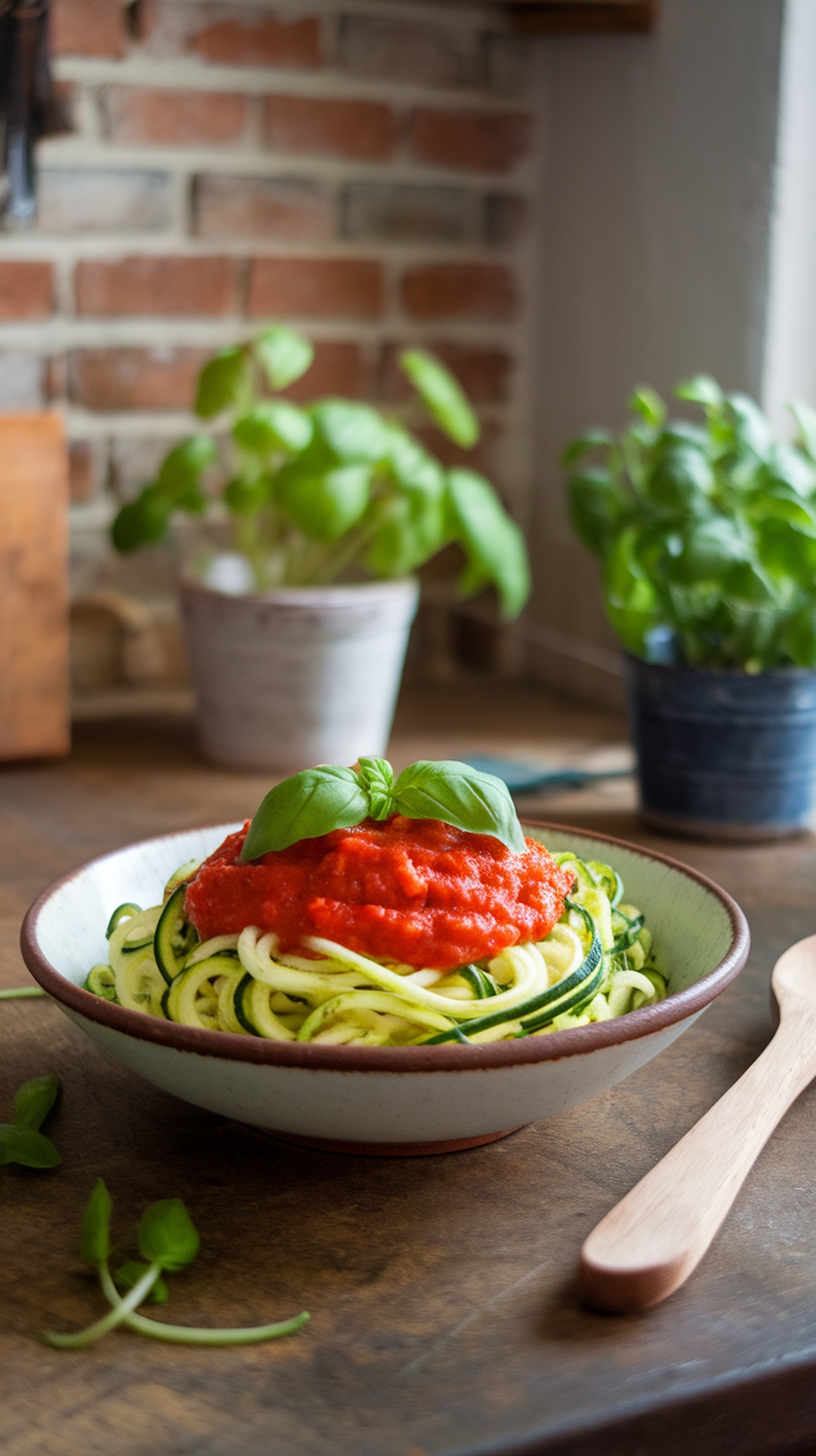A bowl of zucchini noodles topped with marinara sauce and fresh basil.