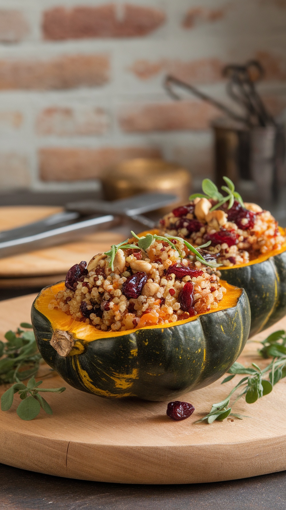 Quinoa-stuffed acorn squash on a wooden board