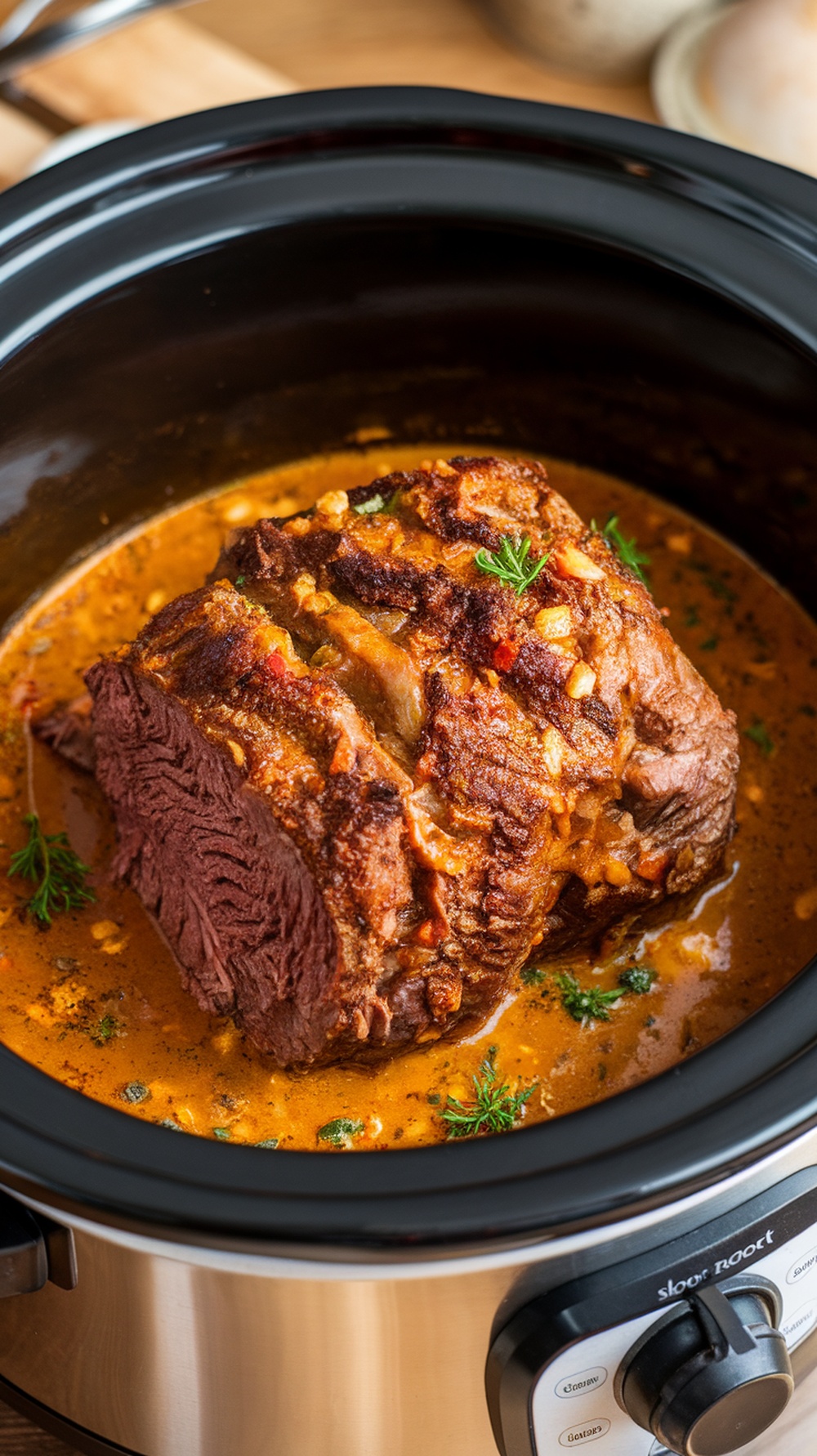 A slow cooker filled with coconut curry pot roast, featuring a tender beef roast surrounded by vegetables in a rich sauce.