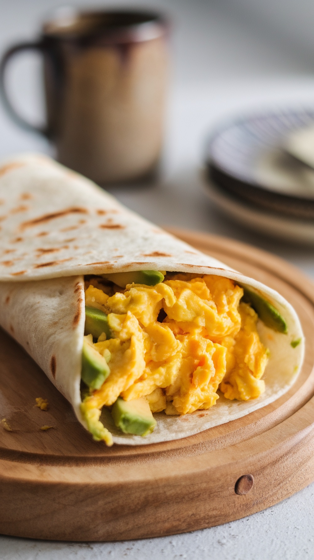 A delicious egg and avocado breakfast wrap on a wooden plate.