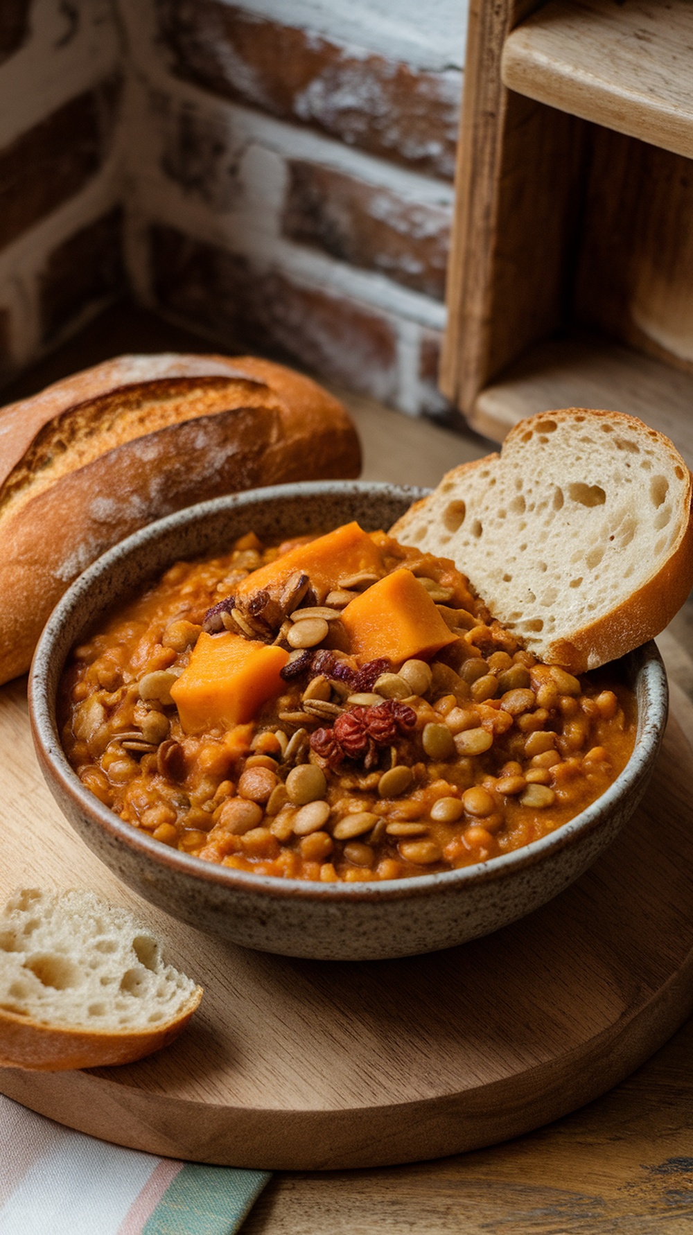 A bowl of spiced pumpkin and lentil stew with bread on the side.