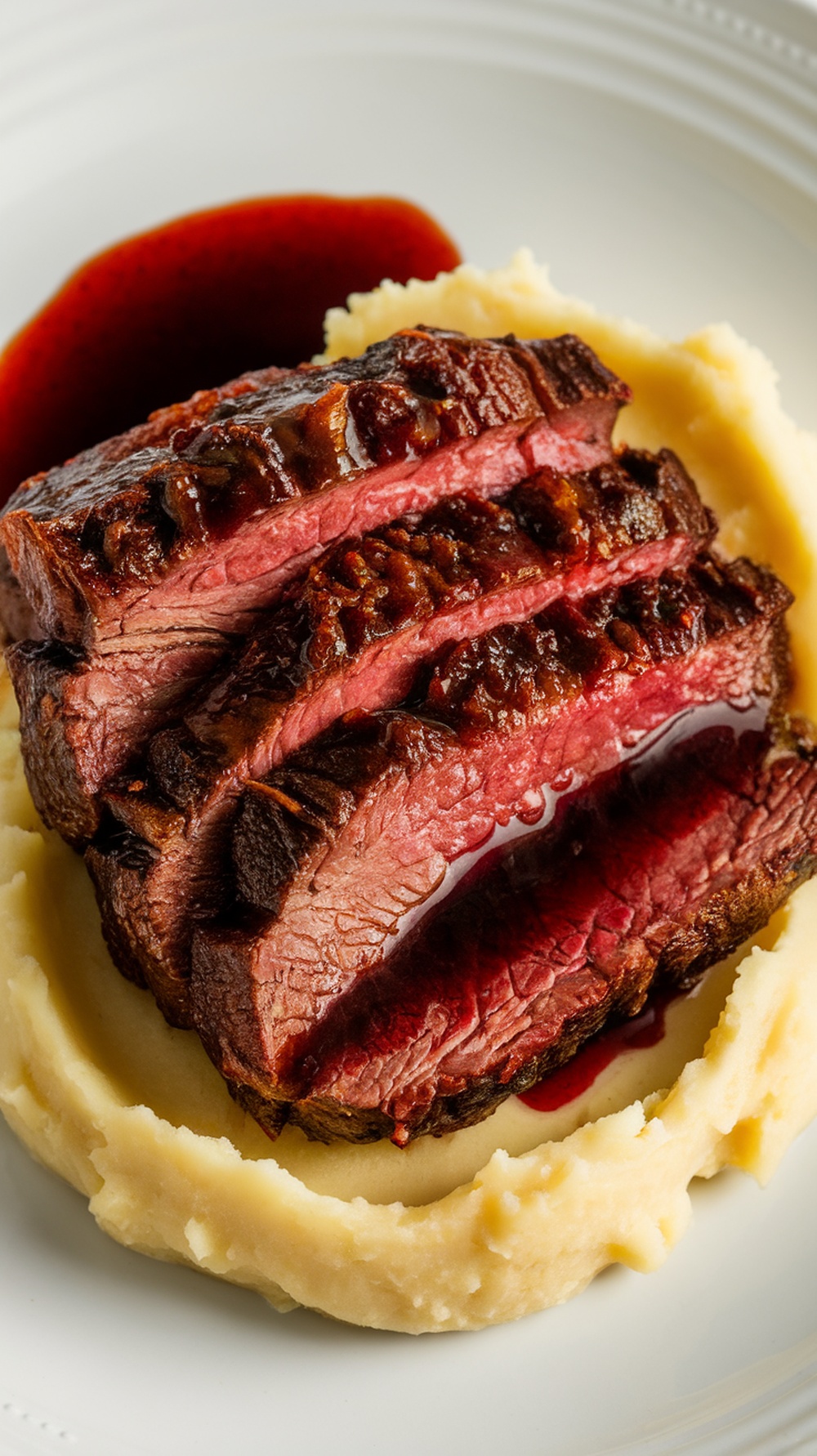 Sliced brisket with red wine reduction served over mashed potatoes.