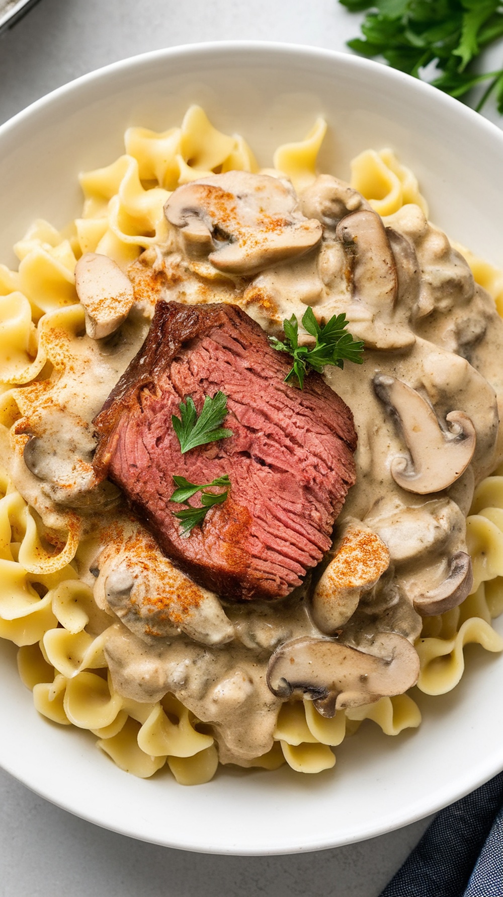 A bowl of brisket and mushroom stroganoff served over egg noodles, garnished with parsley.