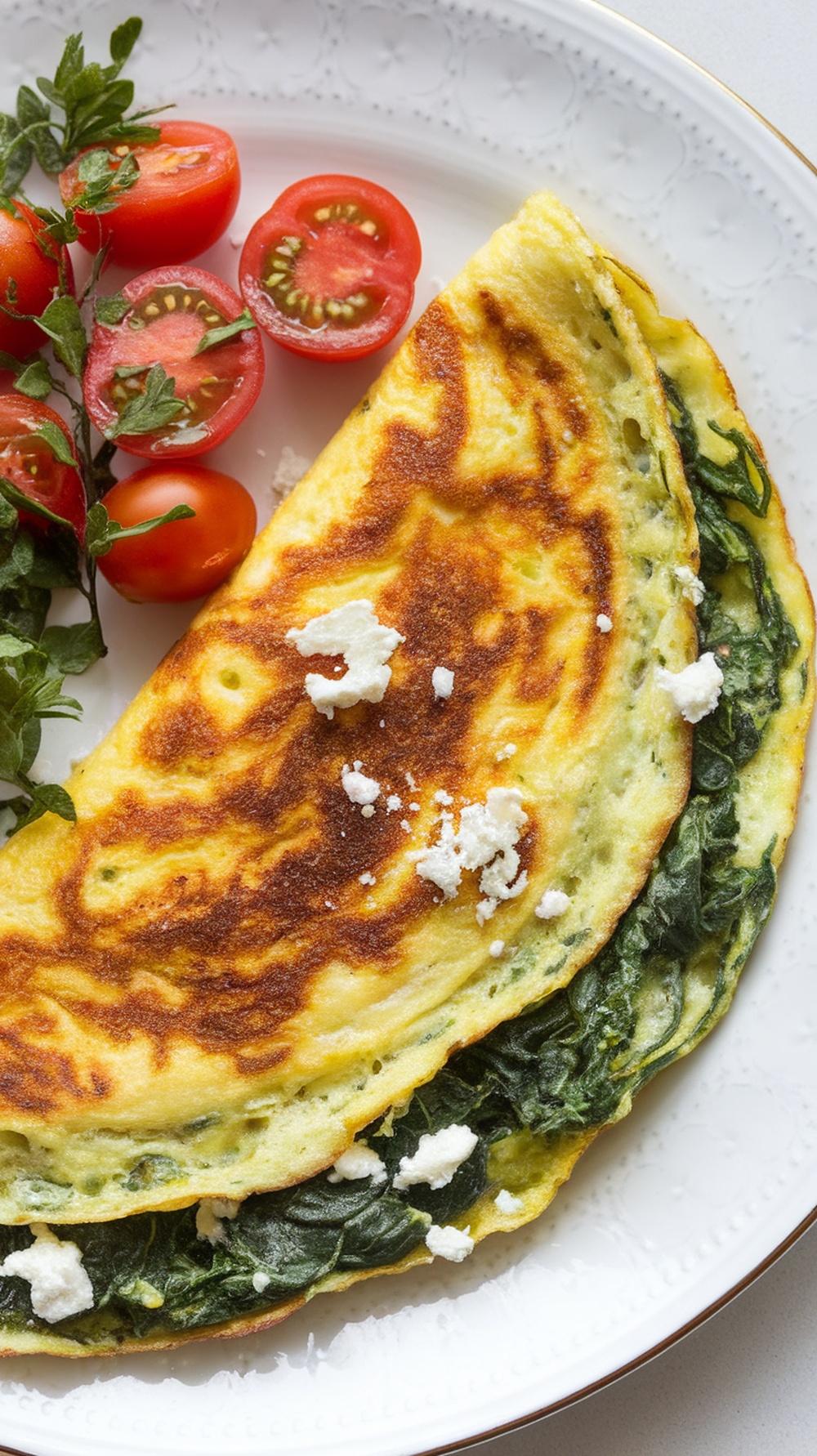A savory spinach and feta omelette served with cherry tomatoes on a plate.