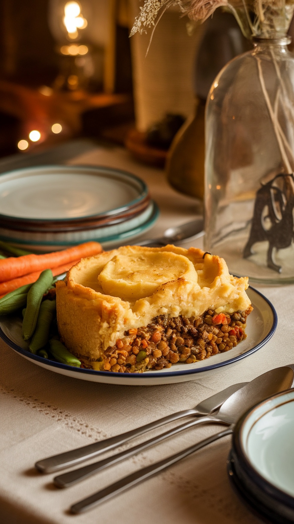A slice of savory lentil and vegetable shepherd's pie served with green beans and carrots on a plate.