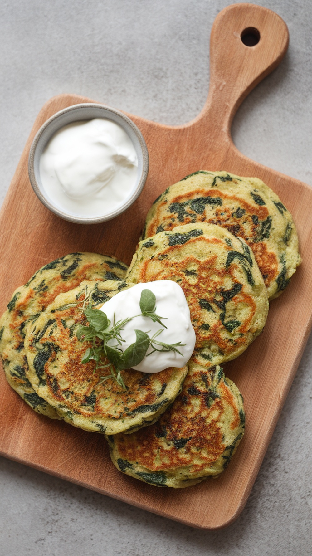 Savory spinach and feta protein pancakes served with yogurt on a wooden board.