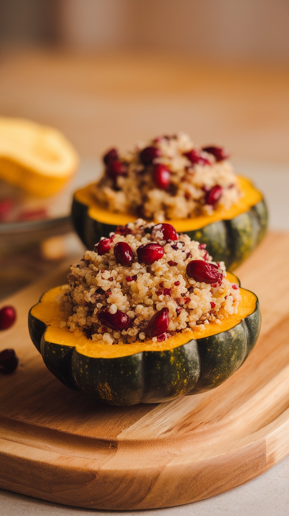 Quinoa-stuffed acorn squash on a wooden cutting board