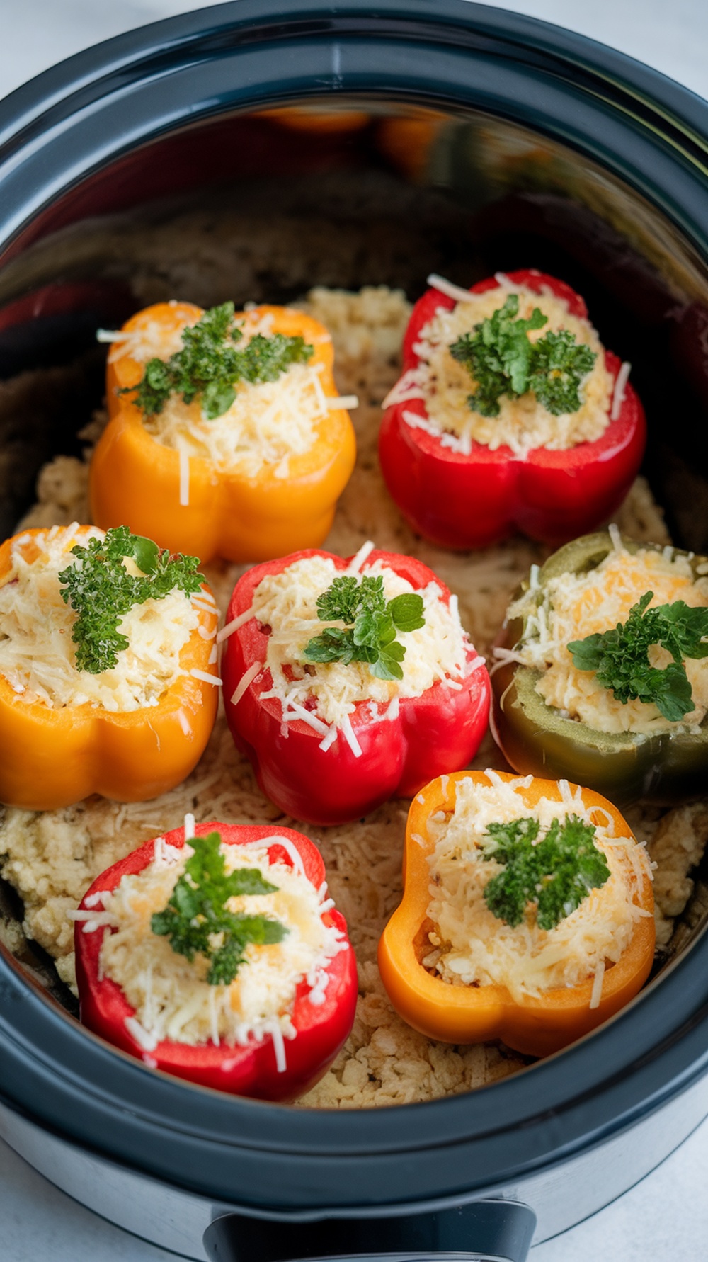 Colorful stuffed bell peppers filled with cauliflower rice and cheese in a slow cooker.