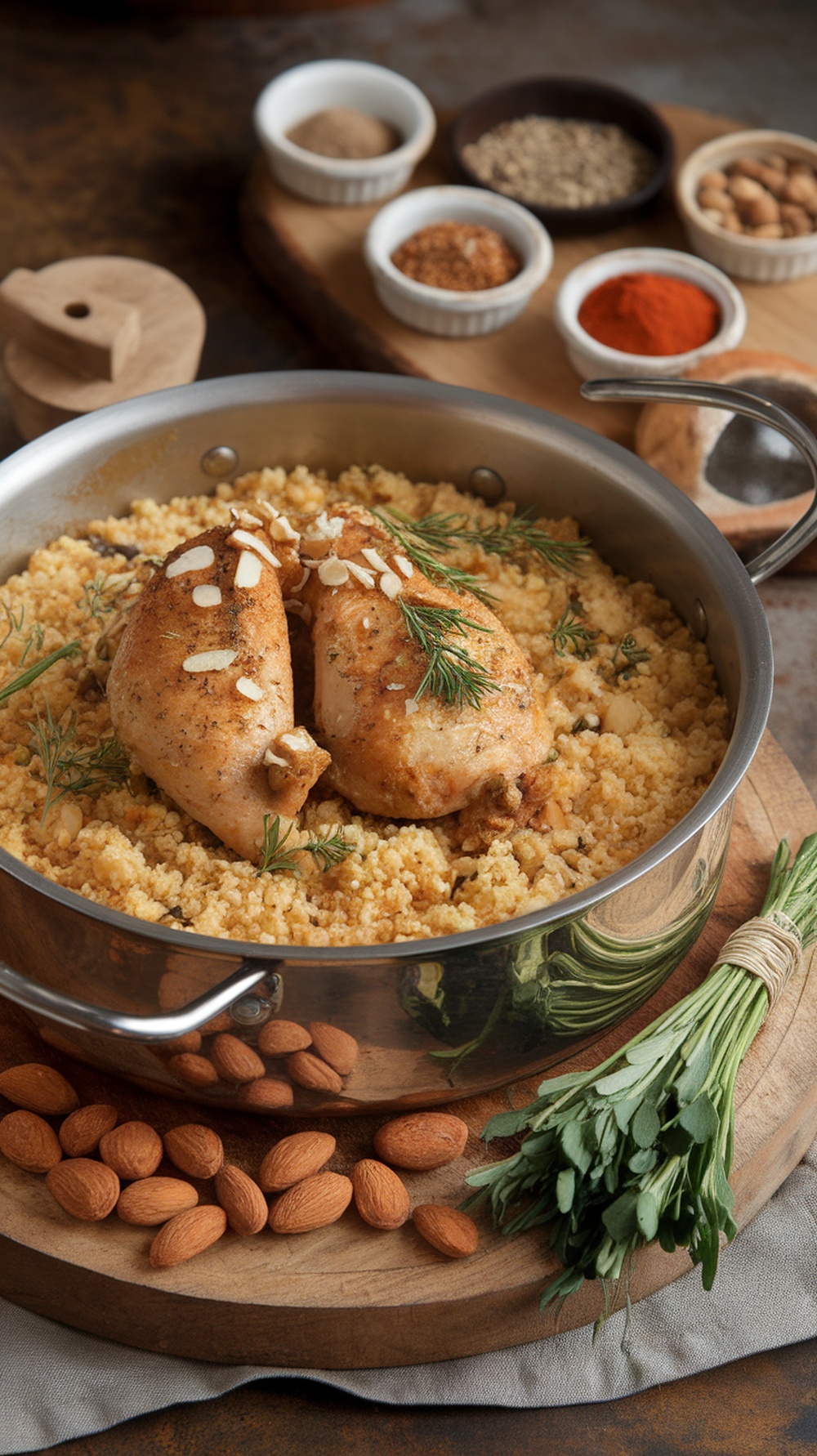 A delicious one-pot Moroccan chicken and couscous dish with almonds and herbs