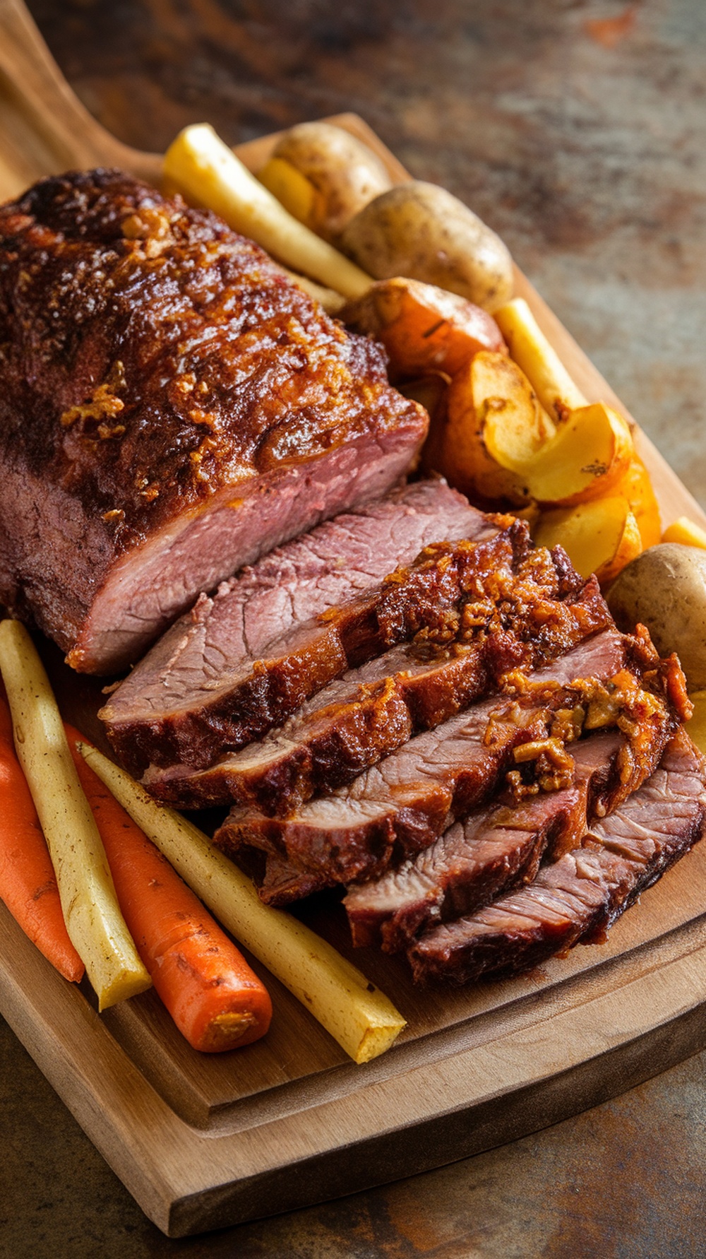 Maple mustard glazed brisket with sliced pieces and surrounding vegetables