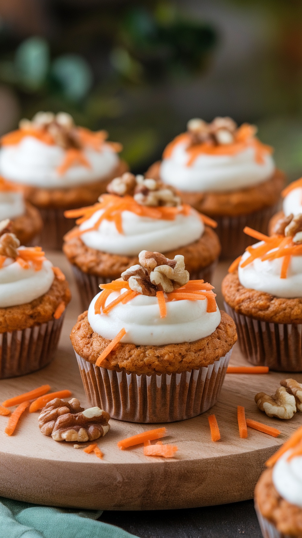 Delicious carrot cake protein muffins topped with cream cheese frosting, carrot shavings, and walnuts.