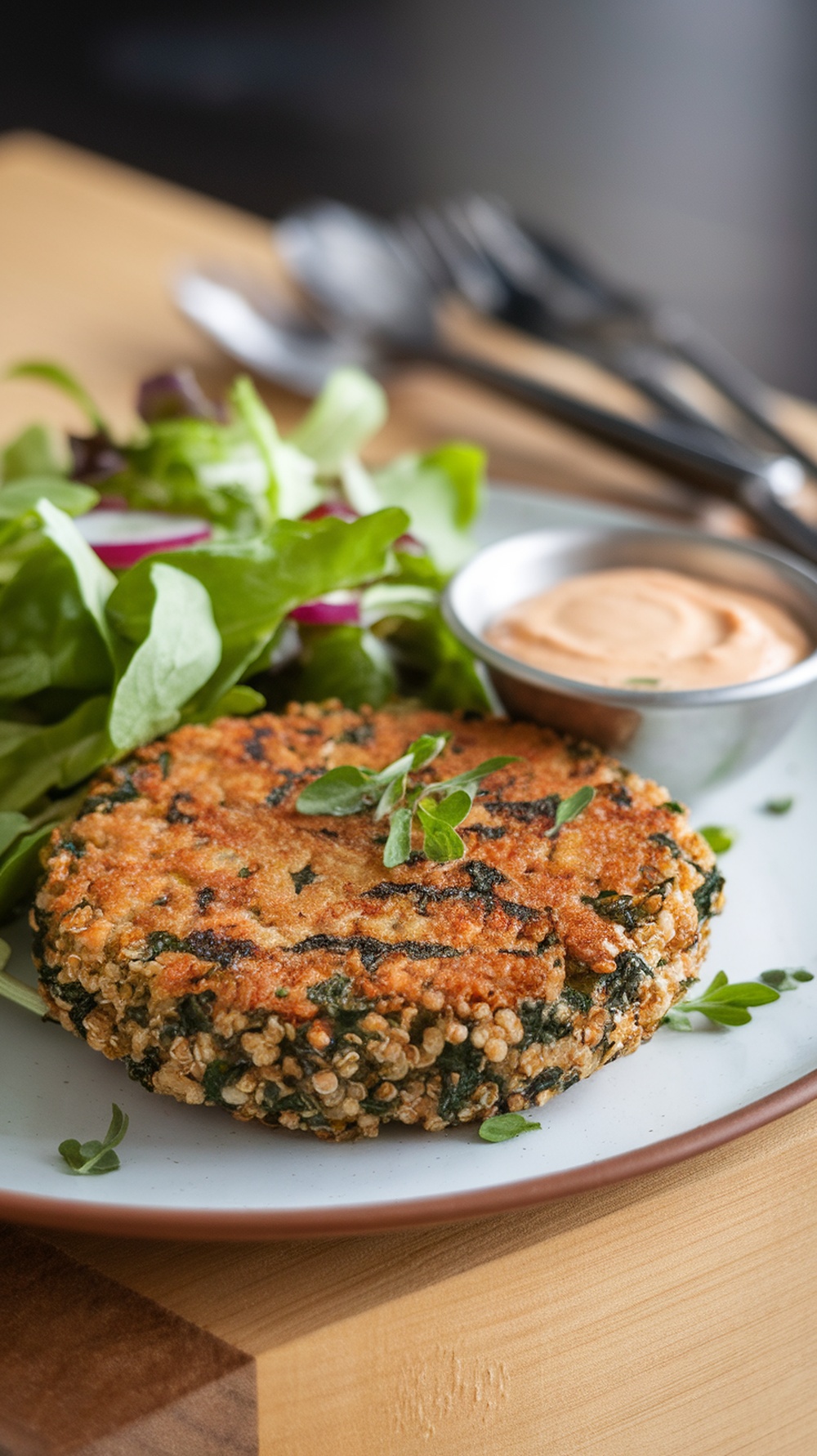 Quinoa and spinach patties served with a side salad and dipping sauce