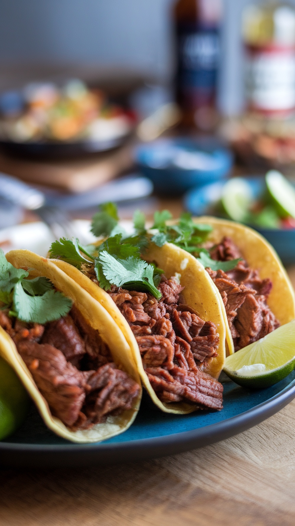 Three spicy beef tacos topped with cilantro and served with lime wedges.