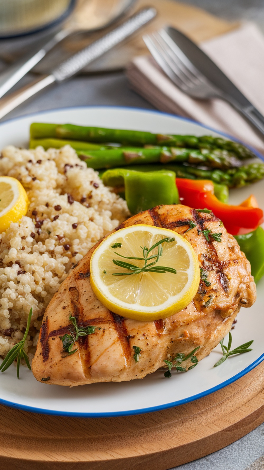 A plate of grilled lemon herb chicken served with quinoa and colorful vegetables.