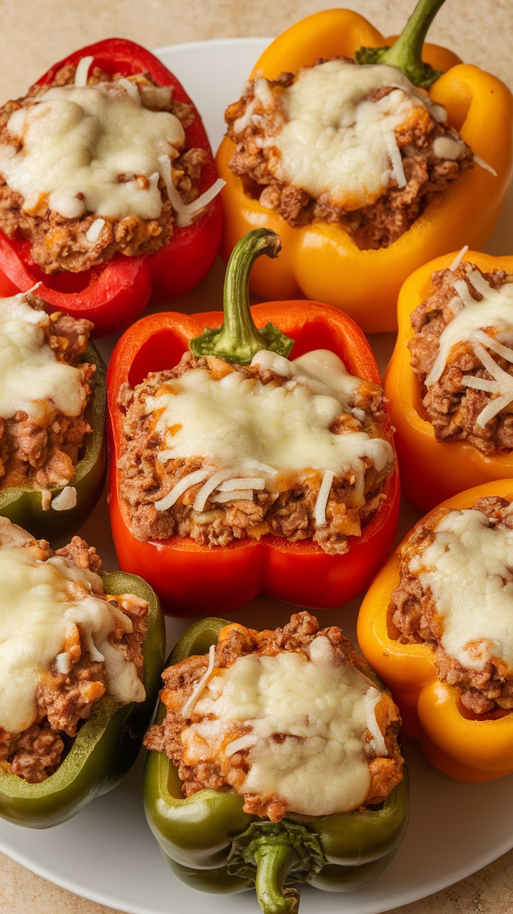 Colorful stuffed bell peppers filled with ground beef and topped with cheese