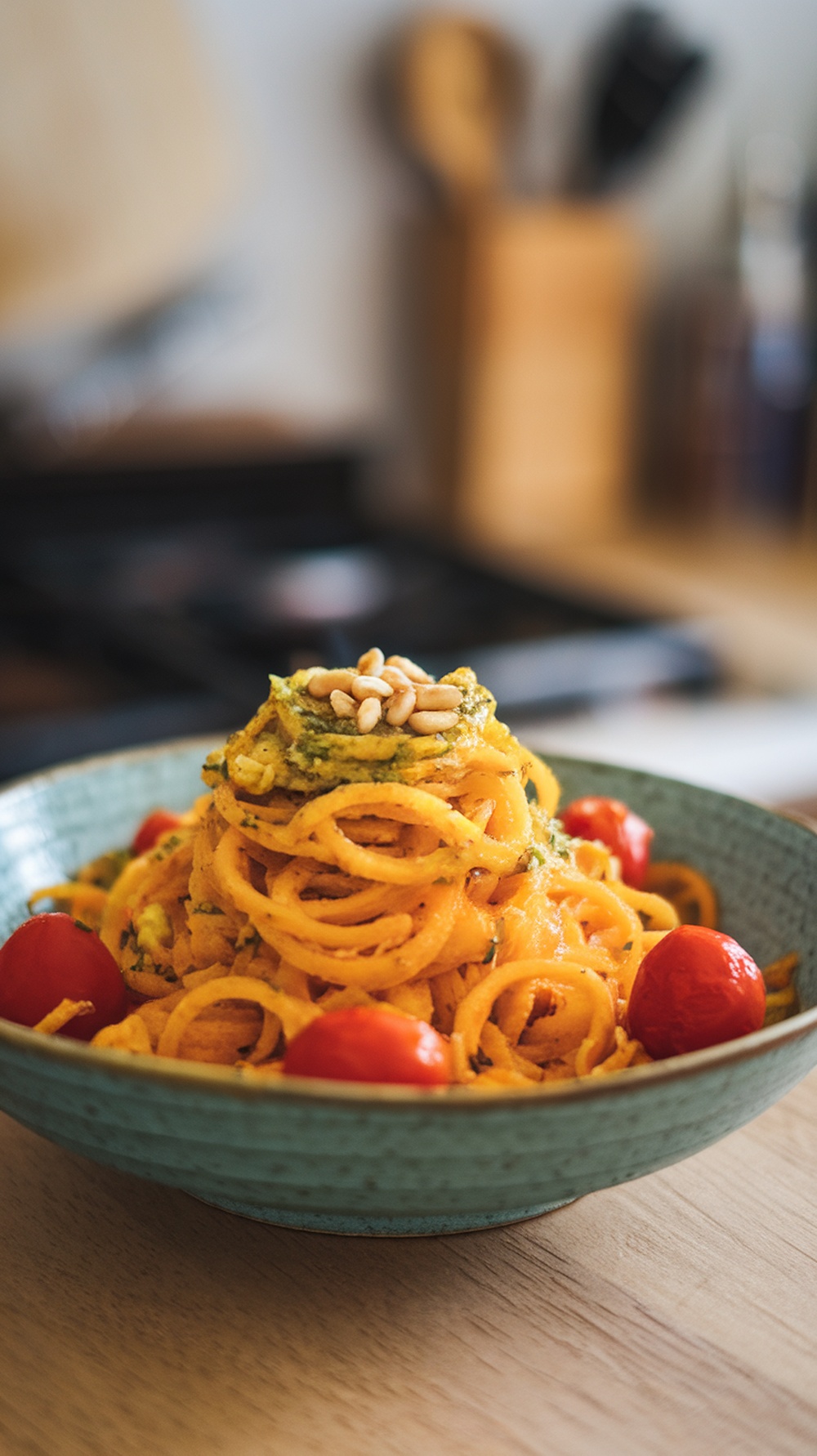 A bowl of butternut squash noodles topped with pesto and cherry tomatoes.
