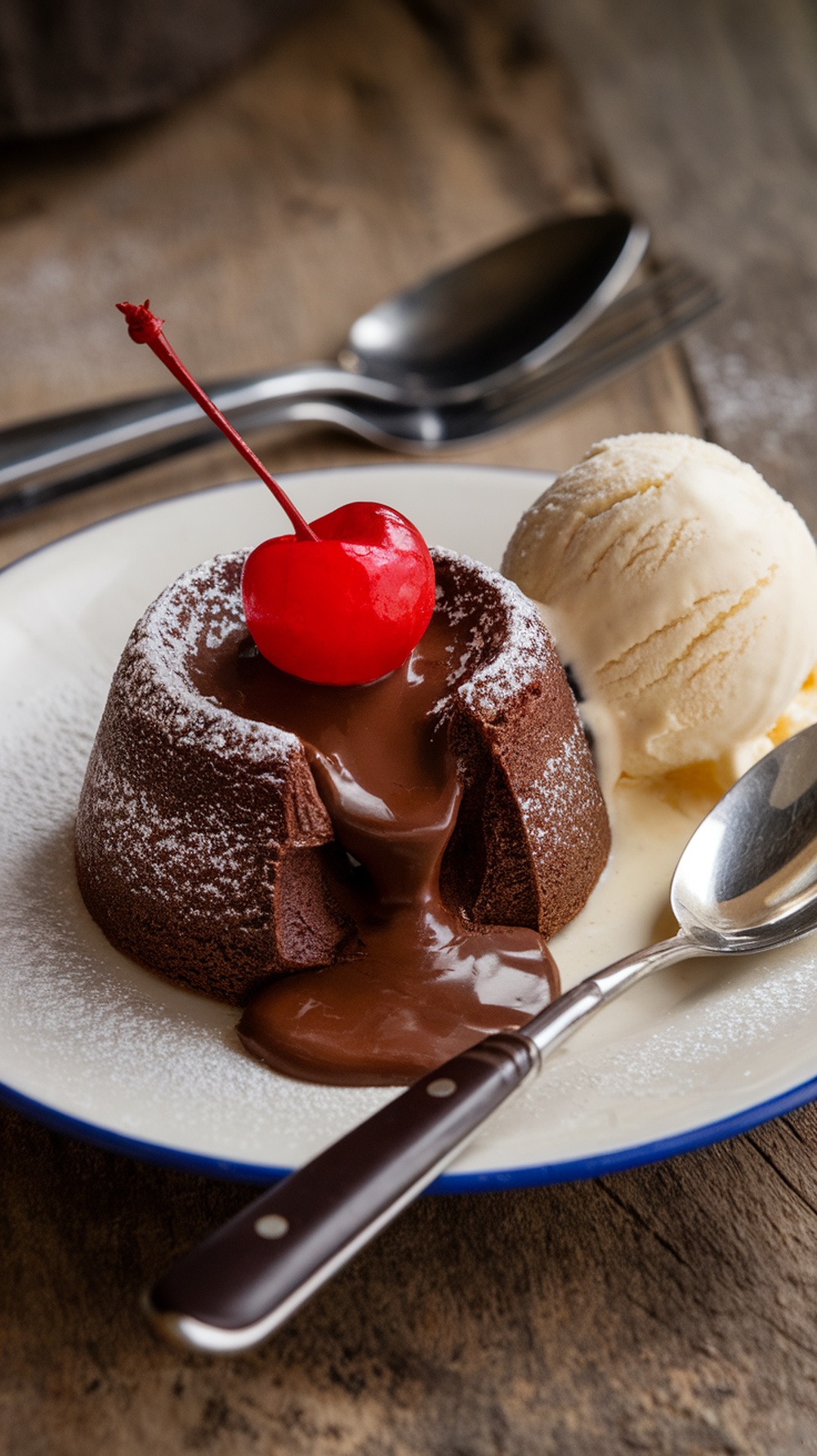 A delicious chocolate lava cake with a cherry on top and a scoop of vanilla ice cream beside it.