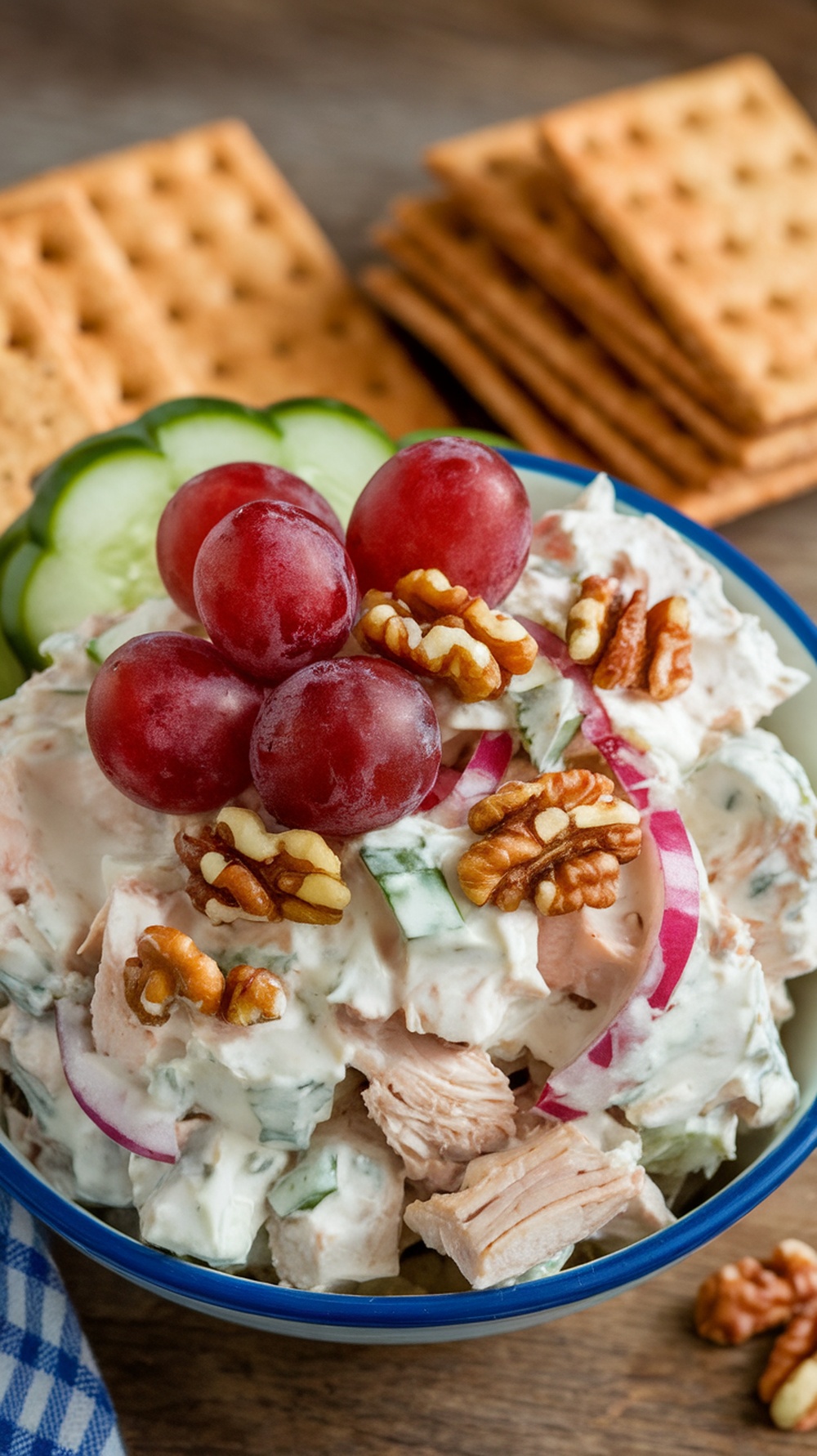 A bowl of Greek yogurt chicken salad with grapes and walnuts, served with crackers.