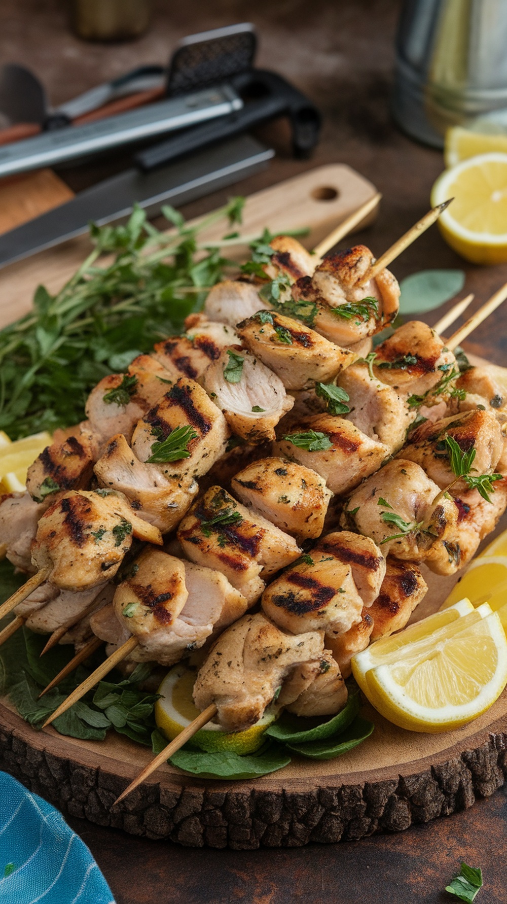 Grilled lemon herb chicken skewers on a wooden platter with fresh herbs and lemon slices