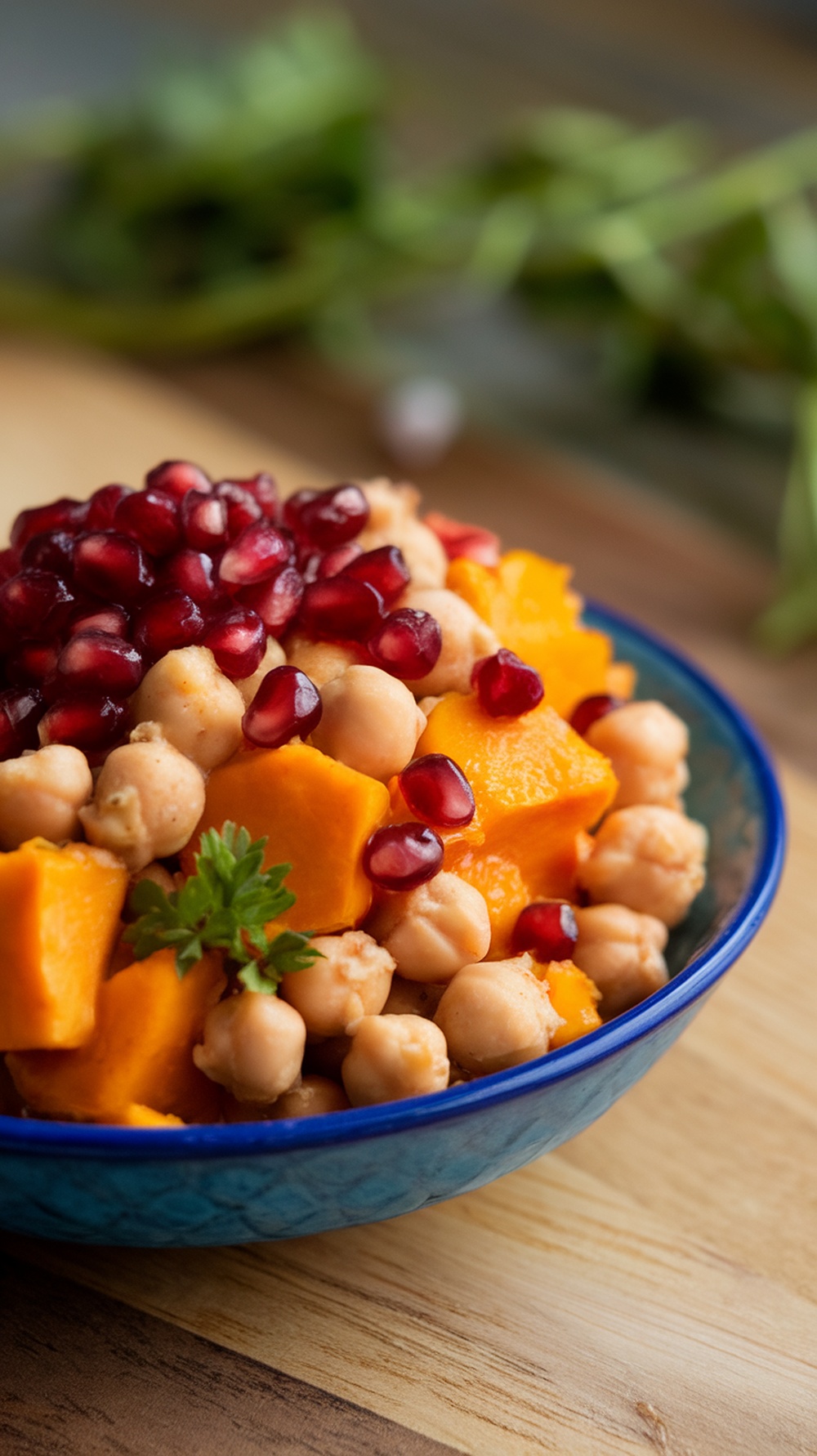 A colorful bowl of spiced butternut squash and chickpeas topped with pomegranate seeds.