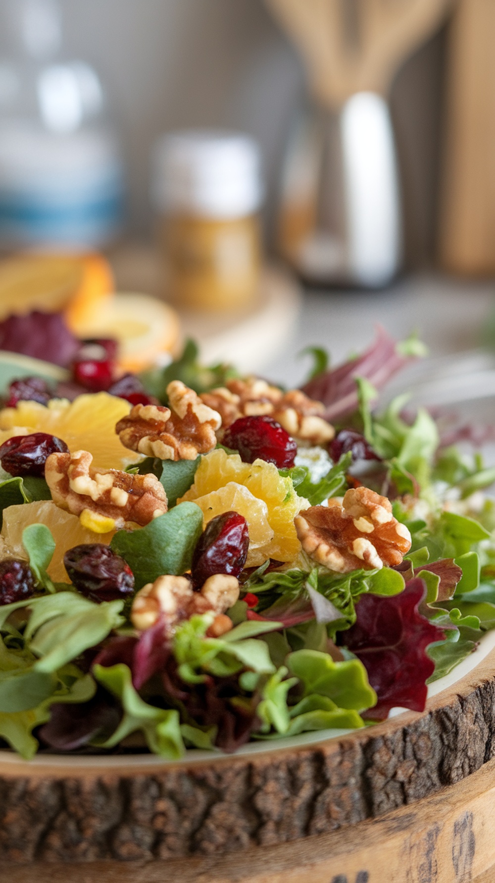 A vibrant salad featuring mixed greens, cranberries, walnuts, and citrus segments.