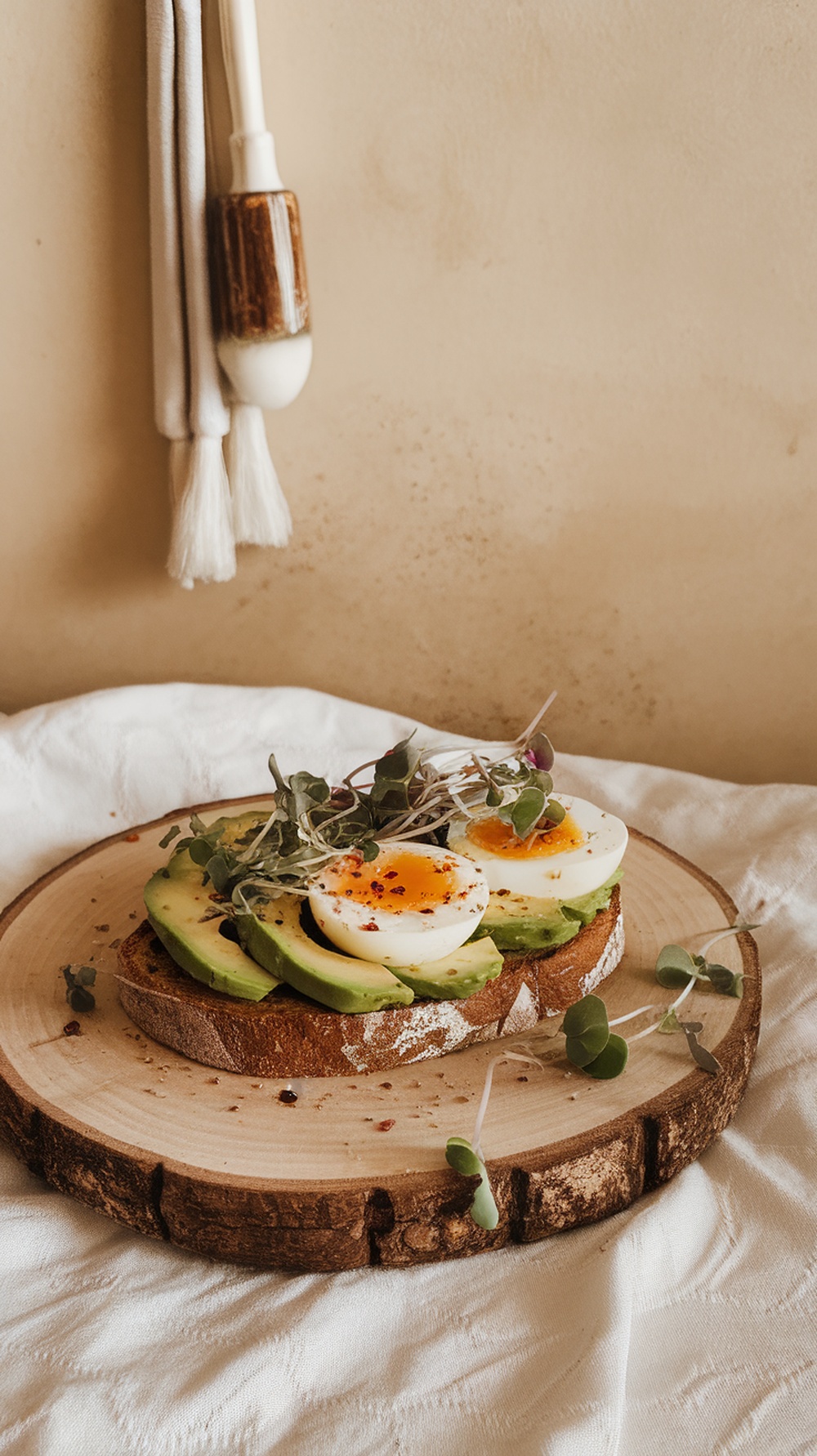 A plate with egg and avocado toast, featuring sliced avocado and soft-boiled eggs on whole-grain bread.