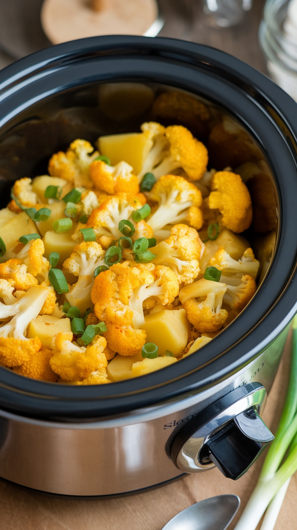 A slow cooker filled with curried cauliflower and potatoes, garnished with green onions.