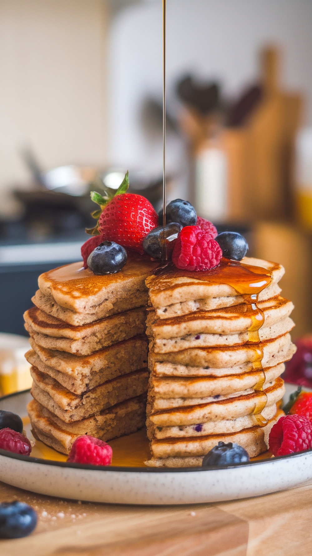 Stack of whole grain pancakes topped with berries and syrup