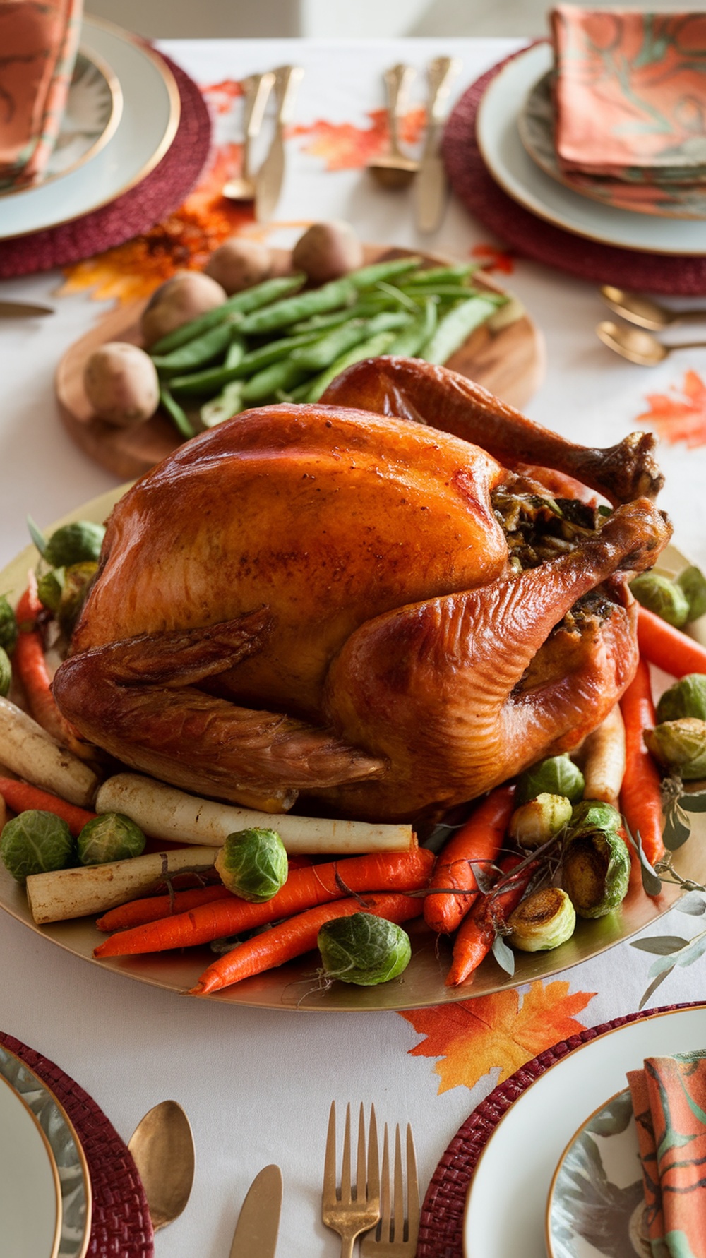 A beautifully roasted turkey surrounded by colorful vegetables on a festive Thanksgiving table.